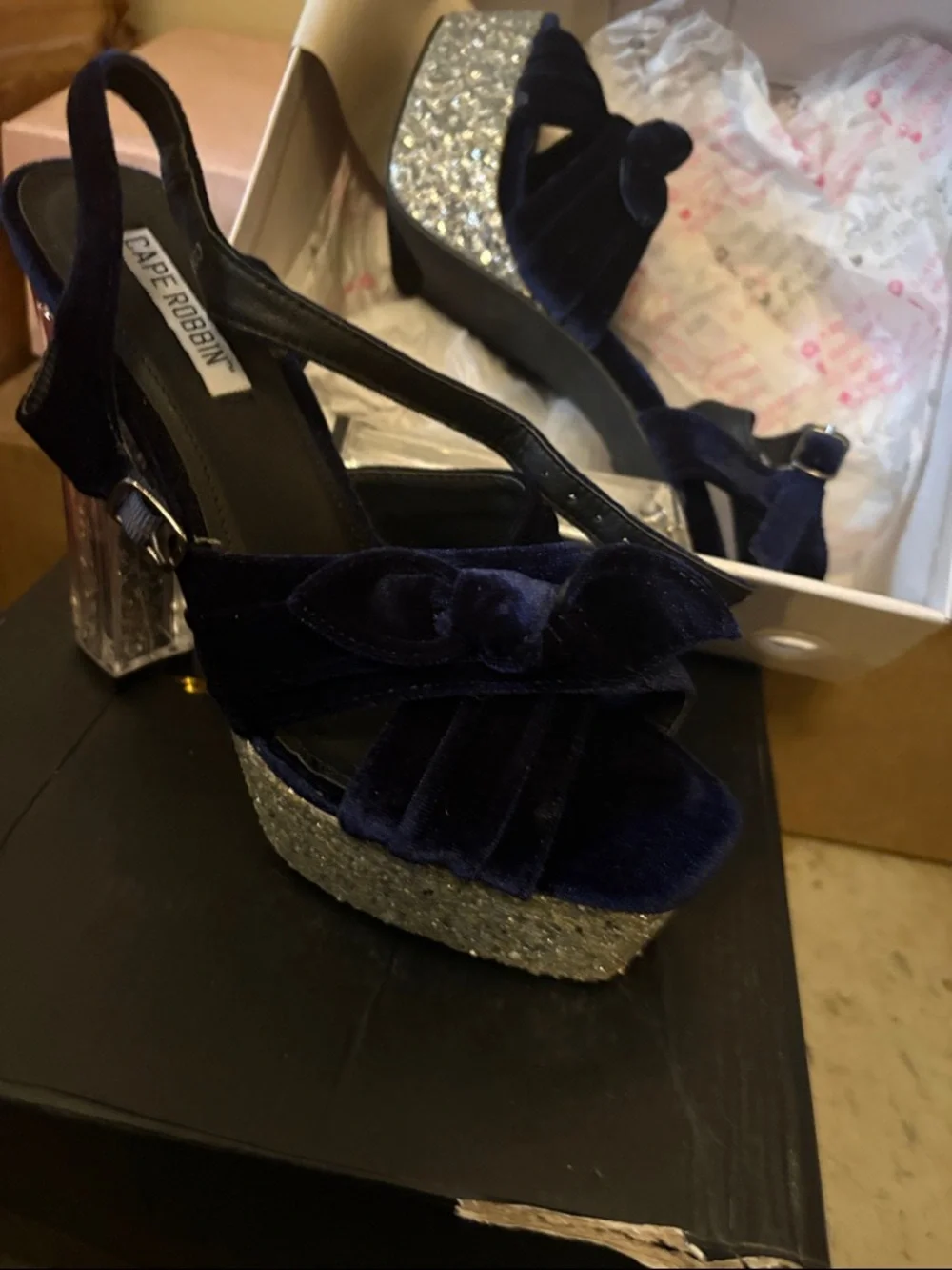 Cape Robbin Navy Velvet Platform Sandals with Silver Glitter Heel - Picture 2 of 4